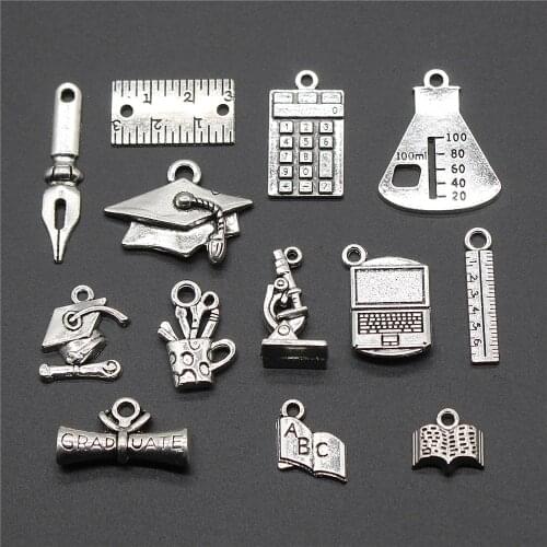 10pcs Graduation Charm Antique Silver Color School Supplies Book Charm Bachelor Cap Ruler Pen Holder Charm Doctor Hat Pendant