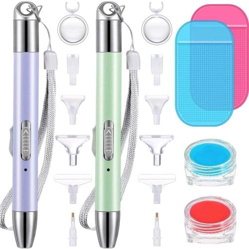 2 Pcs Diamond Painting LED Drill Pens with Light 5D Diamond Painting Point Pen with Light Modes 12 Replacement Pen Heads