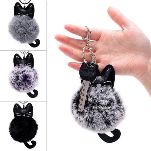 LEEPEE Car Keyring PU Leather Faux Fur Keychain Key Chain Fluffy Jewelry Auto Accessories For Girls Woman Cat Head Doll