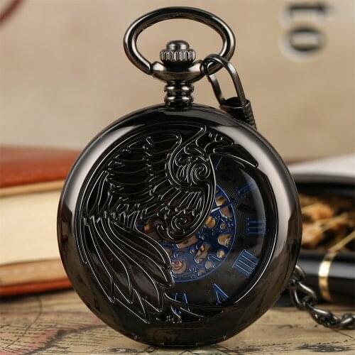 Steampunk Black Wing Half Hunter Mechanical Hand-Wind Pocket Watch Men Retro Chain Pocket Timepiece Blue Roman Numerals Clock