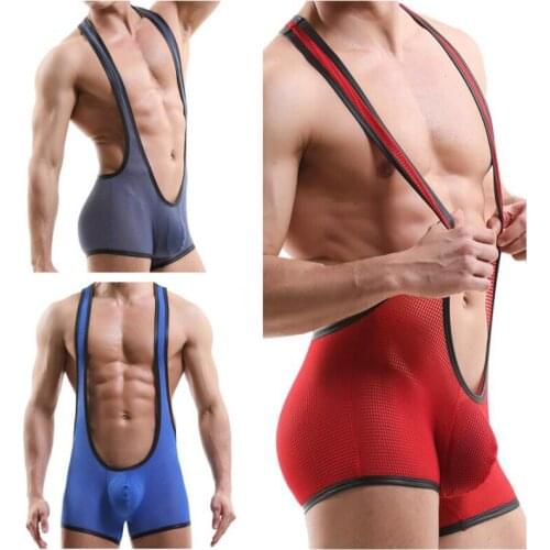 Breathable Men Sexy Mesh Bodysuit Jockstrap Underwear Wrestling Singlet Suspender Teddies Stretch Boxer Shorts Backless Leotard