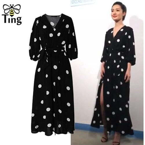 Tingfly Casual Dress Sundress 2019 Summer Short Sleeve Sexy V-neck Long Split Dress Polka Dot Vocation Beach Long Midi Dresses