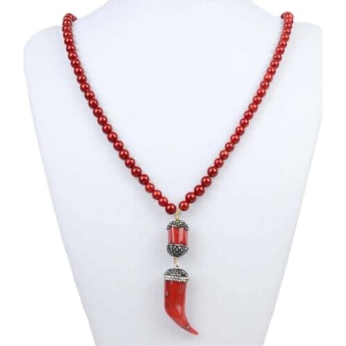 Fashion 8mm Red Beads Long Necklace Pendant Jewelry Women Choker For Bridal Wedding Bib Collar Stone Crystal Party Gifts 27 inch
