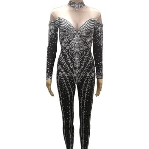 Fashion Rhinestones Black Jumpsuit Female Crystals Bodysuits Nightclub Stage Costume Singer Party Catwalk Performance Clothing