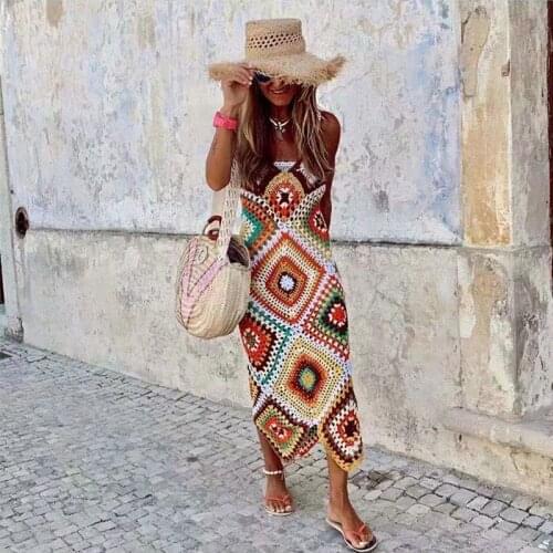 MosiMolly Boho Beach Handmade Dress Women Strap Crochet Dress Midi Dress Strap Beach Dress Knit Dress