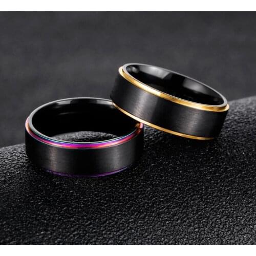Stainless Steel Mens Black Color With Rainbow finger rings Jewelery gift US7/8/9/10/11/12 one piece y1536