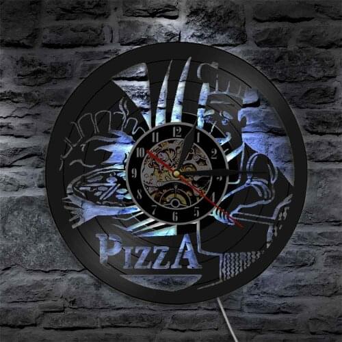 Pizza Wall Art Clock Pizzeria Gastronome Wall Sign Vinyl Record Clock Battery Operated Pizza Kitchen Hanging Watch Modern Design