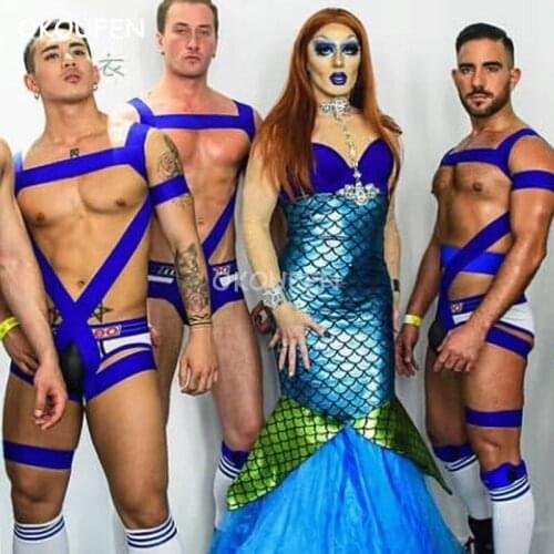 Nightclub Bar Stage Mens DS Blue Siamese Elasticated HP Dance Performance Costume