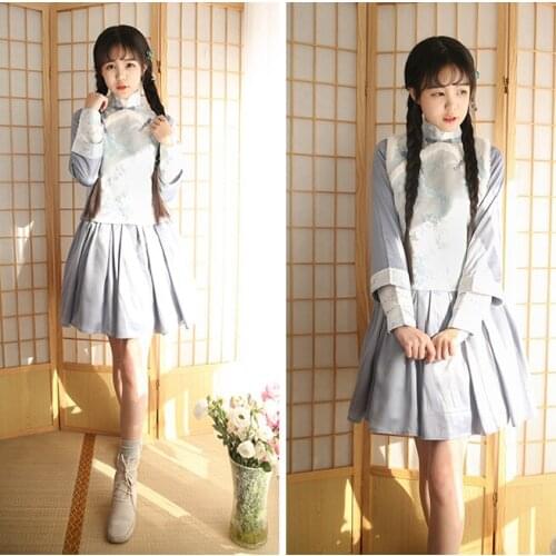 "Qing Ru" Chinese Style New Year Plum Blossom Embroidery 2pcs Set: Faux Fur SleeveLess Vest + Long Sleeve Dress Color Blue Cute