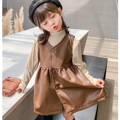 Girls Dress Childrens Clothing Baby Girl Winter Dresses Sleeveless PU Leather Dress Toddler Girl Suspender Dresses