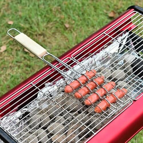 BBQ Wire Mesh Shelf Wood Handle Stainless Steel Non Stick Sausage Clamp Non-stick Grilling Bracket Tool Kitchen Accessories