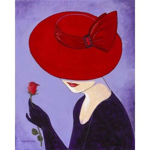 Handmade art oil painting girl woman in red hat with rose portrait woman image for bedroom decoration