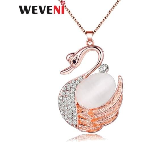 WEVENI Statement Rhinestone Swan Necklaces Pendant Metal Opal Long Chain Collar Jewelry For Women New Fashion Girl Accessories