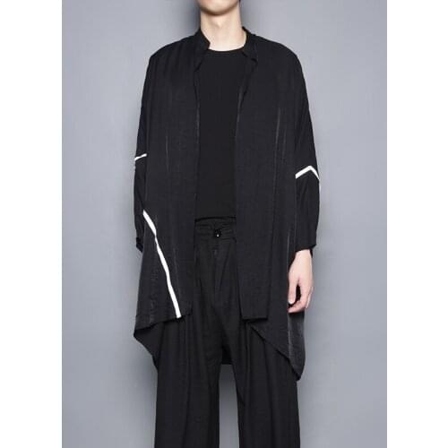 Japanese dark design Retro Stripe Ribbon Casual Jacket Loose medium-length Trench Coat Cape Man