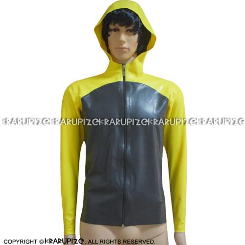 Yellow And Black Sexy Latex Jacket With Zippers At Front Hoodies Rubber Coat Top YF-0178
