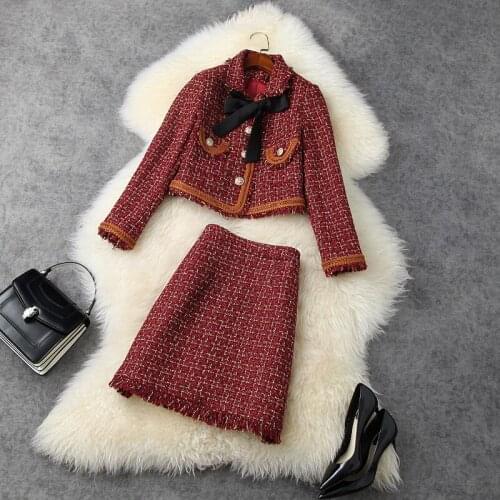 2021 autumn winter women designer celebrity plaid tweed skirt set OL elegant bow short coats + tassel mini skirt suit set Y376