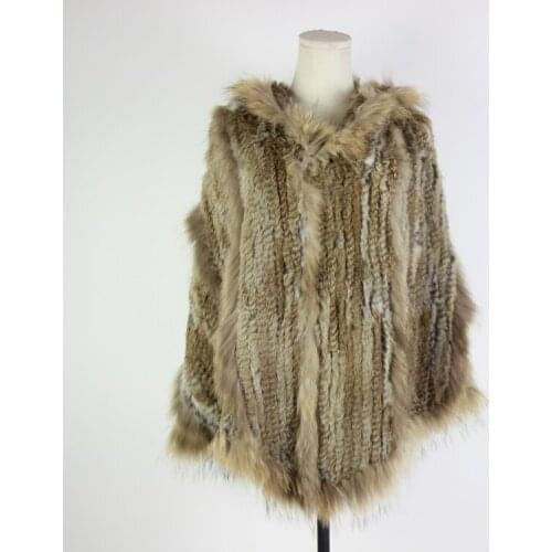 Plus Size Knitted Raccoon Real Fur Coat Women Winter Luxury Stripe Tassel Long Cape with Fur Hood Rabbit Fur Poncho Jacket