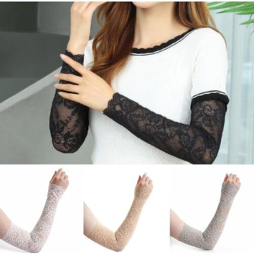 1PC Summer Womens Anti-Sunburn Sleeve Long Elastic Lace Arm Sleeve Cover UV Protection Ice Arm Cuffs Fingerless Driving Gloves