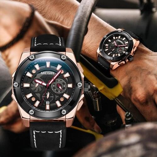 2020 MEGIR Men Watches Top Brand Luxury Leather Chronograph Sport Watch For Men Fashion Date Waterproof Clock Reloj Hombre