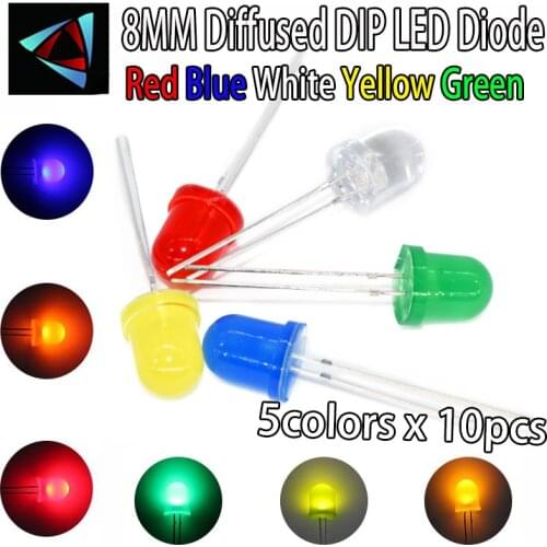 50pcs (5 colors x 10pcs) 8mm LED Diode Kit Mixed Color Red Green Yellow Blue White