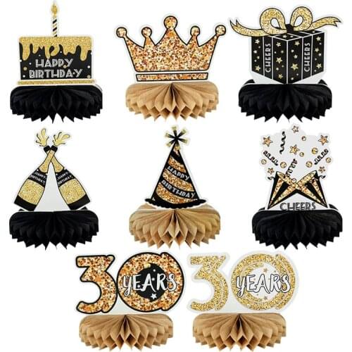 8pcs/set Black Gold Honeycomb Ball Table Central Ornaments 30th 40th 50th 60th Adult Birthday Party Anniversary Decor Supplies