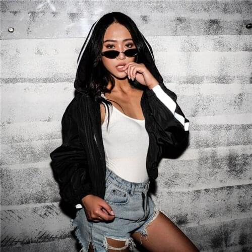 Black Jacket Womens Hooded Long Sleeves Zipper Pockets Coat Cool Stripe Designs Casual Spring Coat Jacket Hot Sale