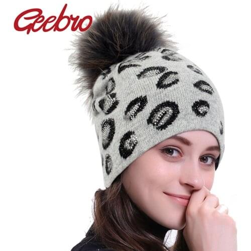 Geebro Winter Leopard Hats for Women Knitted Crochet keep Warm Hat Female Beanie Ladies Casual Cap With Real Raccoon Fur Ball