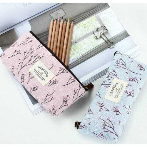 Cute Kawaii Floral Flower Canvas Zipper Pencil Cases Lovely Fabric Linen Tree Pen Bags Pouch Office School Students Supplies