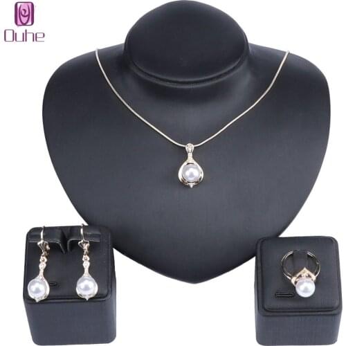Wedding Party Simulated Pearl Jewelry Sets Pearl Necklace Pendant Earrings Ring Fine Trendy Party Gift Girl Women