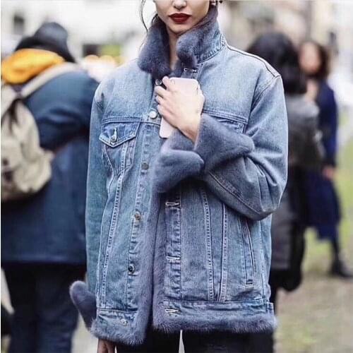 European Warm Thicke Denim Jacket Fur Coat Short Female Down Jacket 2021 Winter White Goose Down Denim Fur Collar Cotton Coat