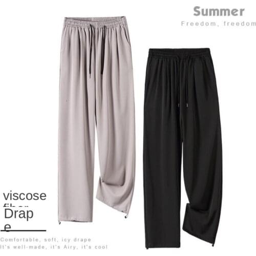 Summer Thin Casual Pants Mens Fashion Khaki Black Wide-leg Pants Men Streetwear Korean Loose Straight Ice Silk Pants Mens M-3XL