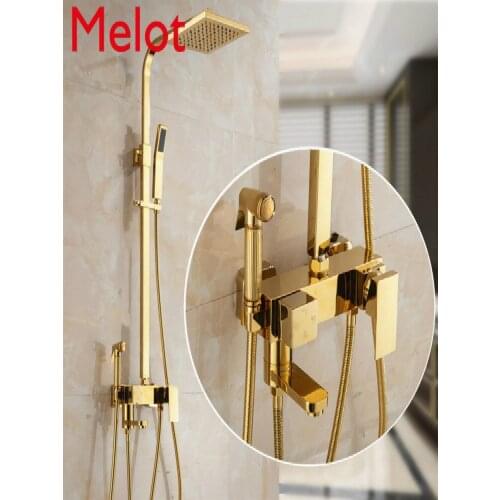 Copper Shower Lifting Constant Temperature Shower Golden Square Model Bathroom Hot and Cold Rain Faucet Bathroom Set