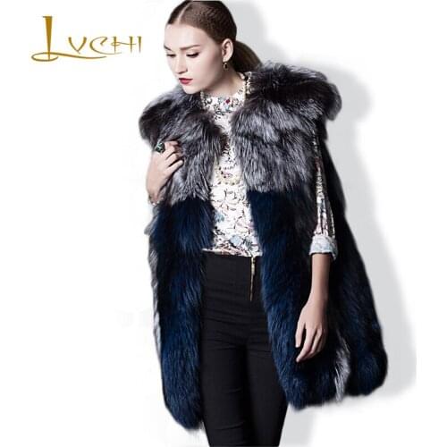 LVCHI 2019 Fashion Warm Winter Womens Real Silver Fox Fur Vests Natural Fox Color Casual soft Medium Waistcoat for women