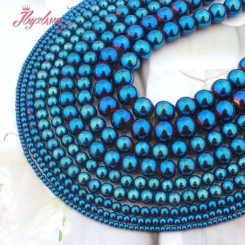 2,4,6,8,10mm Smooth Round Beads Blue Hematite Natural Stone Beads For DIY Necklace Bracelets Jewelry Making 15" Free Shipping
