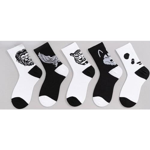Mens Adult Animal Print Cotton Socks College Style Cartoon Black White Panda Lion Eagle Tiger Wolf Sports Short Socks Man