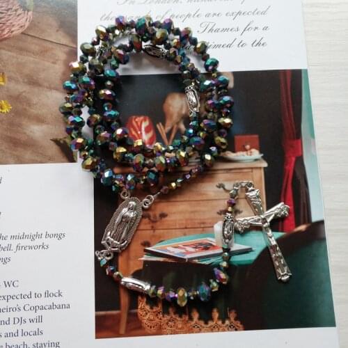 QIGO Crystal Strand Necklace Long Jesus Cross Rosary Necklace For Men Women Religious Jewelry Gift