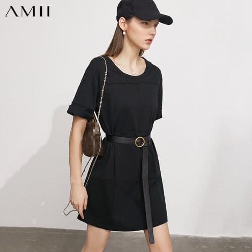 Amii Minimalism Summer New Womens Shirt Dress Offical Lady 100%Cotton Solid Oneck Loose Fashion Womens Tshirt Tops 12170201