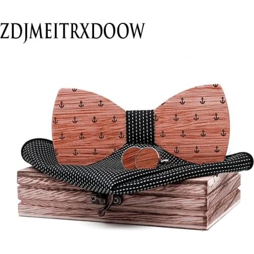 Adjustable Walnut Wooden Bow Tie For Men Pocket Square Cufflinks Brooch Set And Wood Box Suit Wedding Novelty Neck Ties anchor