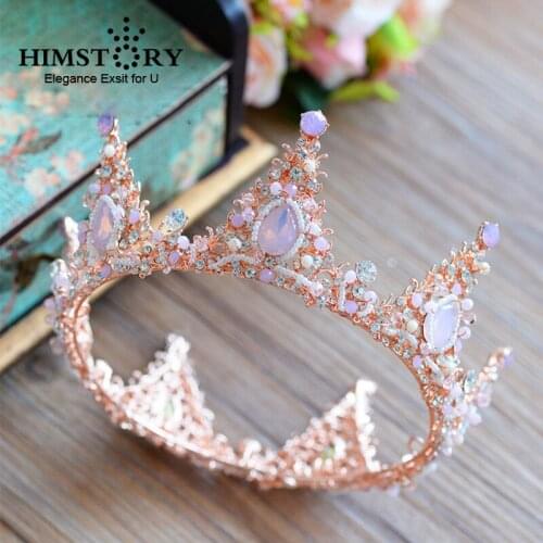 HIMSTORY Top Quality Luxurious Handmade Beaded Rhinestone Pink Round Crystal Brides Crown Tiara Sweet Wedding Hair Accessories
