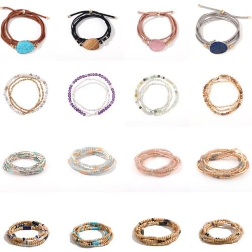 Vintage Natural Stone Handmade Beaded Bracelet for Women Men Boho Ethnic Multilayer Charm Bracelets & Bangles Elastic Pulsera