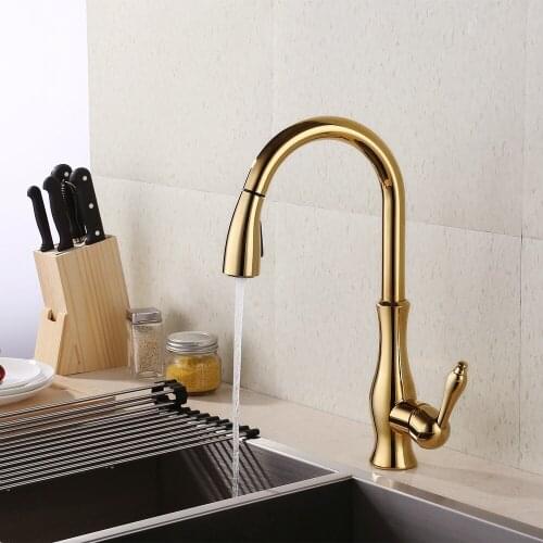 Gold brass Pull Down Kitchen Faucet with two functions Pull Out sprayer, Swivel Spout golden Singel Lever Mixer faucet