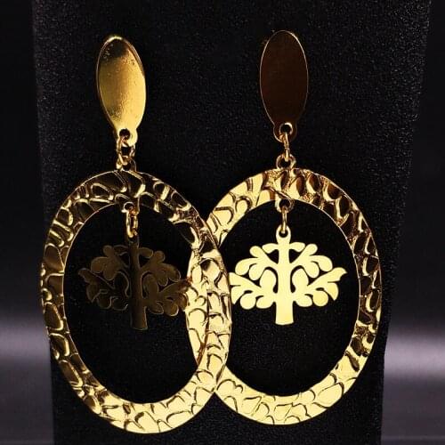 2021 Tree of life Stainless Steel Earrings for Women Jewelry Gold Color Big Stud Earring Jewelry pendientes mujer moda EQE8S02