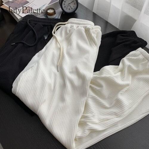 JulyPalette Winter Autumn Knitted Wide Leg Pants Women Korean Solid High Waist Drape Loose Elastic Lace Up Trousers 2021 New