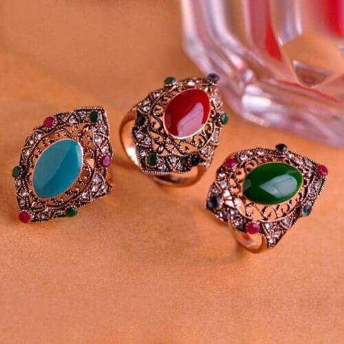 Blucome New Vintage Style Antique Gold Color Turkish Big Ring Green Enamel Women Lady Party Wedding Accessories Jewelry Gifts
