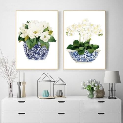 White Orchid & Magnolia Watercolor Chinoiserie Decor Canvas Print Oriental Vase Blue White Porcelain Flower Jar wall decor