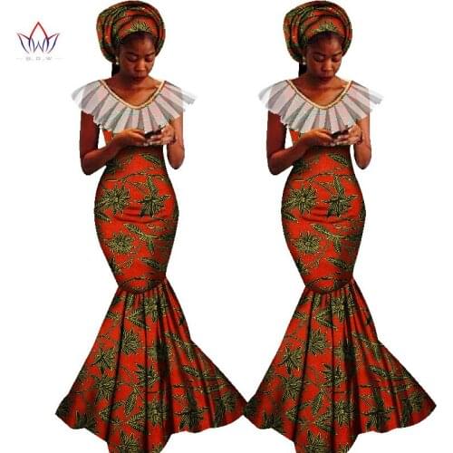 2020 New Fashion African Dresses for Women Dashiki Long Party Dress for Girl Wedding Lace O-Neck Dress With Headwrap WY1530
