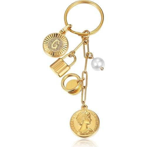 Gold Color Key Holder Bag Key Chain Ring for Women Design A-Z Initial Charm Lock Pearl Elizabeth Coin Pendants Gift LKC51