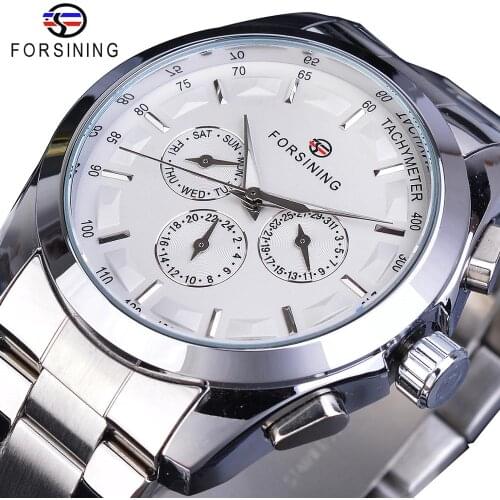 Forsining Silver White Male Mechanical Watch 3 Sub Dial Luminous Hands Date Stainless Steel Band Man Business Sport Montre Homme