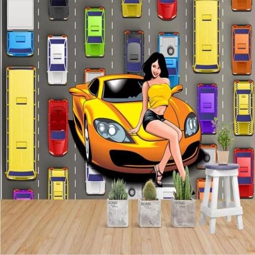 Custom wallpaper personality European beauty car model racing car tooling wall decoration - high quality silk fabric