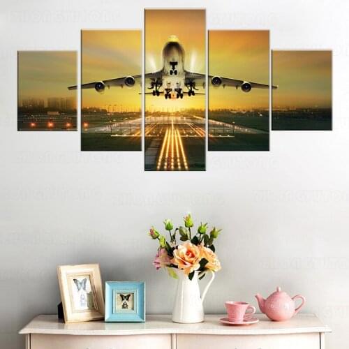 Canvas Painting Wall Art Framework 5 Piece Air Plane Airport Takeoff Picture HD Print Aircraft Poster For Living Room home Decor